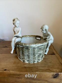 Antique Austrian Art Nouveau Figural Nudes Amphora Teplitz Pottery Basket Bowl