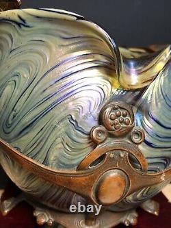 Antique Austrian Art Nouveau Iridescent Art Glass Bowl Bronze Mounted Stunning