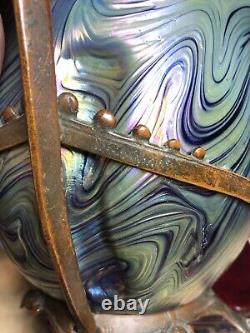 Antique Austrian Art Nouveau Iridescent Art Glass Bowl Bronze Mounted Stunning