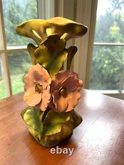 Antique Austrian Art Nouveau Vase With High Relief Flower Decoration