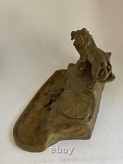 Antique Austrian Bronze 3 Lion Den Inkwell Sculpture Art Nouveau Figural Lioness