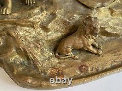 Antique Austrian Bronze 3 Lion Den Inkwell Sculpture Art Nouveau Figural Lioness