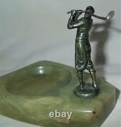 Antique Austrian Bronze Golf Club Ball Man Marble Base Tray Art Statue Sculpture
