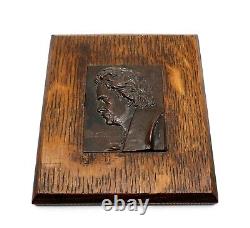 Antique Austrian Bronze Portrait Plaque Of Beethoven Mounted On Oak Signed