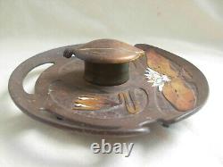 Antique Austrian Enameled Metal Inkwell, Water Lily, Art Nouveau Period