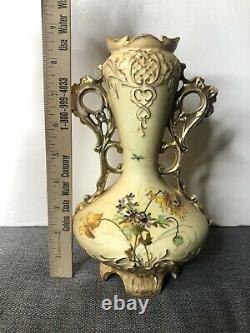 Antique Austrian Ernst Wahliss Turn Wien Porcelain Vase 9 High, Floral, Gold
