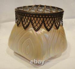 Antique Austrian Iridescent Art Nouveau Cased Luster Hexagonal Vase Brass Frog