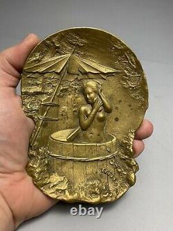 Antique Austrian Japonaiserie Nude Geisha Bathing Bronze Signed Berndorf Tray
