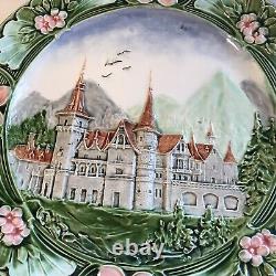 Antique Austrian Majolica Castle Relief Porcelain Collector Plate 1890s Noveau