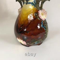 Antique Austrian Majolica Vase With High Relief Flower Decoration