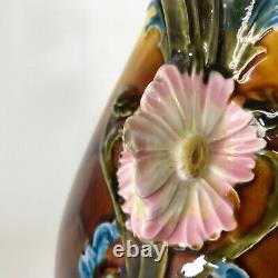 Antique Austrian Majolica Vase With High Relief Flower Decoration