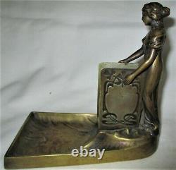Antique Austrian Nouveau Bronze Lady Statue Sculpture Match Holder Ashtray Tray