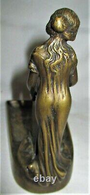 Antique Austrian Nouveau Bronze Lady Statue Sculpture Match Holder Ashtray Tray