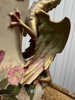 Antique Austrian Robert Hanke Dragon Handled Gilt Floral Decorated Ewer 12.75
