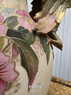 Antique Austrian Robert Hanke Dragon Handled Gilt Floral Decorated Ewer 12.75