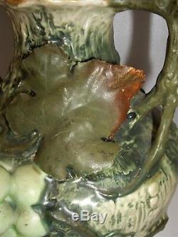 Antique Austrian Teplitz Amphora Grape Vine Leaves Pottery Vase Great Condition