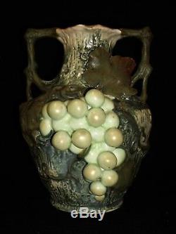 Antique Austrian Teplitz Amphora Grape Vine Leaves Pottery Vase Great Condition