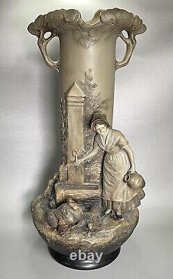 Antique Austrian Terracotta Johann Maresch Figural Vase Primitive Art Nouveau