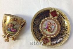 Antique Austrian Vienna Chocolate Cup & Saucer Hand Painted, Shield Beehive Mark