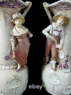 Antique Austrians Art-Nouveau Porcelain Figurine Vases, 11 high