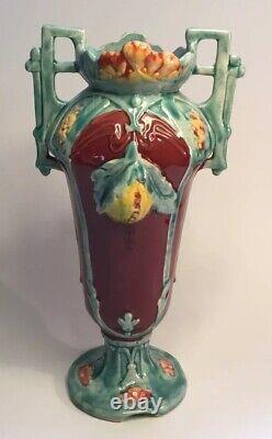 Antique Bohemian Jugendstil Majolica Pomegranite Vase Austria c. 1890s