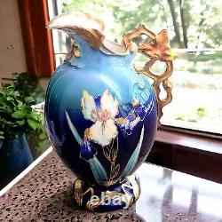 Antique Carlsbad Austrian Porcelain Cobalt Blue Floral Gilded Pitcher