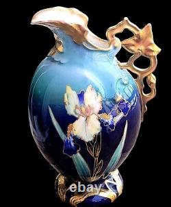 Antique Carlsbad Austrian Porcelain Cobalt Blue Floral Gilded Pitcher