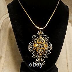 Antique Eduardian Austrian Signed OM Gold Niello Pendulum Necklace