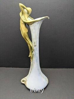 Antique Ernst Wahliss Amorpha Art Nouveau Vase Ewer with Gold Nude / Maiden