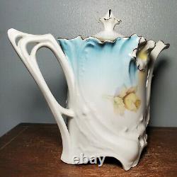 Antique German / Austrian Blue & Gold Gilt Floral Moulded Porcelain Teapot