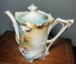 Antique German / Austrian Blue & Gold Gilt Floral Moulded Porcelain Teapot