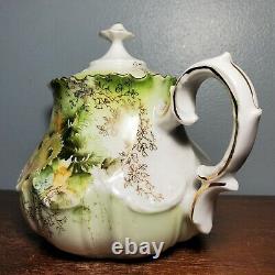 Antique German / Austrian Green & Gold Gilt Floral Porcelain Teapot 1850s
