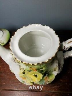 Antique German / Austrian Green & Gold Gilt Floral Porcelain Teapot 1850s