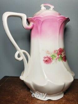 Antique German / Austrian Pink Floral Porcelain Chocolate Pot with Lid 8 3/4 Tall