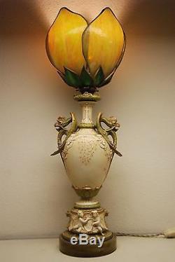 Antique Gothic Austrian Amphora Art Nouveau Griffons Porcelain Slag Glass Lamp