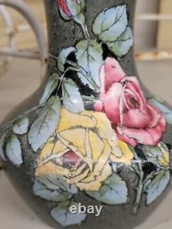Antique Hand Painted Enamel Austrian Rose Molted Pottery Vase Circa 1900's