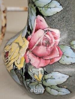 Antique Hand Painted Enamel Austrian Rose Molted Pottery Vase Circa 1900's