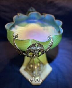 Antique Large Austrian Art Nouveau Loetz Iridescent Art Glass & Guilted Bronze