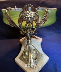 Antique Large Austrian Art Nouveau Loetz Iridescent Art Glass & Guilted Bronze