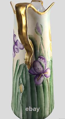Antique Large Austrian Hand painted Irises Gilded Two Handle Vase Signed 17'