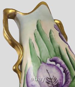Antique Large Austrian Hand painted Irises Gilded Two Handle Vase Signed 17'