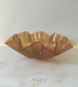 Antique Loetz Art Glass Iridescent Gold Ruffle Bowl-Art Nouveau-Austrian #2220