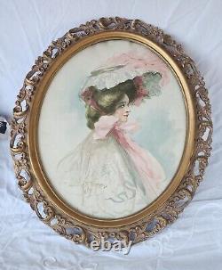 Antique Marianne Stokes Watercolor Portrait 1890s Signed Oval Frame 21 x 25