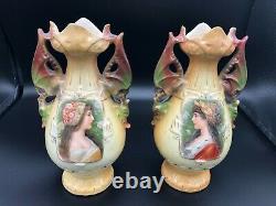 Antique Pair Austrian Robert Hanke Royal Wettina Pottery Portrait Vases, 9 Tall