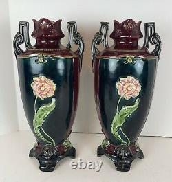Antique Pair Of Austrian Majolica Art Nouveau Victorian Porcelain Pottery Vases