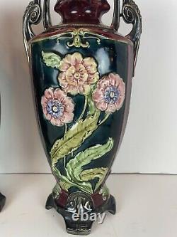 Antique Pair Of Austrian Majolica Art Nouveau Victorian Porcelain Pottery Vases
