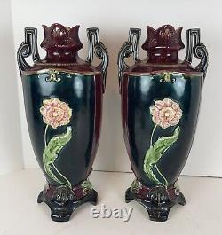 Antique Pair Of Vases Austrian Majolica Art Nouveau Victorian Porcelain Pottery