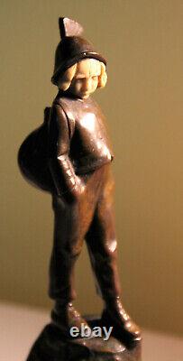 Antique Peter Tereszczuk Austrian Art Nouveau bronze/wood figurine boy on mound