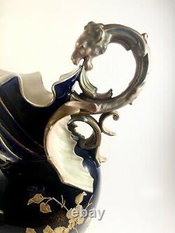 Antique ROBERT HANKE PORCELAIN DRAGON HANDLE EWER. Colbalt And Gold