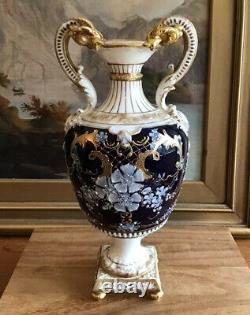 Antique TURN TEPLITZ Bohemia RSTK AUSTRIA Porcelain URN VASE Moriage Cobalt BLUE